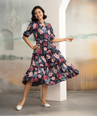 AASK Women Fit and Flare Dark Blue Midi/Calf Length Dress
