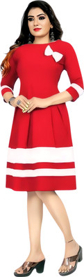 ZELZIS Women Fit and Flare Red Knee Length Dress