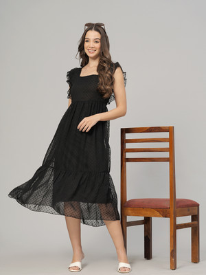 JC4U Women Fit and Flare Black Midi/Calf Length Dress