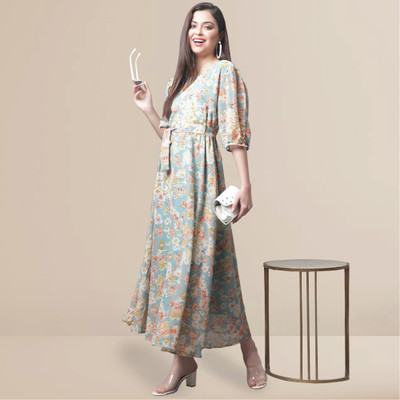 Fabflee Women Fit and Flare Light Blue Maxi/Full Length Dress