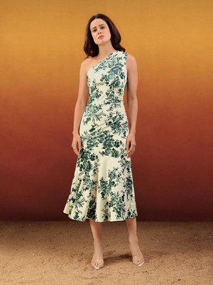 PURVAJA Women Fit and Flare Beige Midi/Calf Length Dress