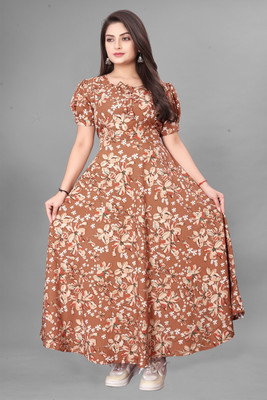 RIDDHI TEXTILES Women Fit and Flare Orange Maxi/Full Length Dress
