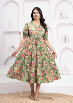 Tanishbiz Women A-line Multicolor Midi/Calf Length Dress