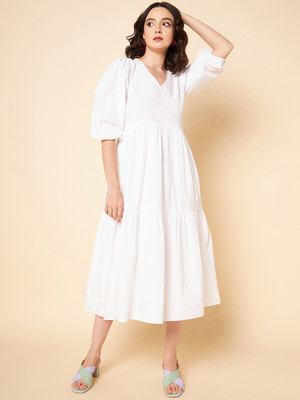 High Star Women Fit and Flare White Midi/Calf Length Dress