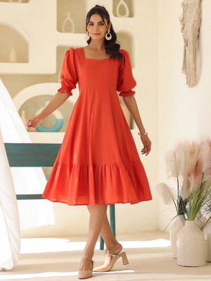 Janasya Women A-line Orange Midi/Calf Length Dress