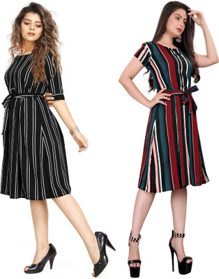 Gurudev Fashionn Women Fit and Flare Multicolor Above Knee/Mid Thigh Length Dress