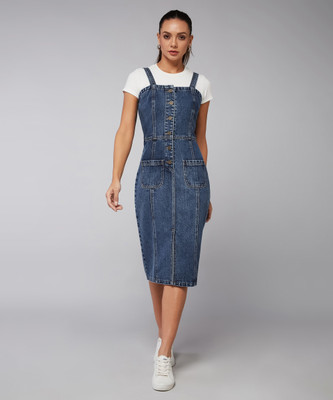 DOLCE CRUDO Women Bodycon Blue, White Midi/Calf Length Dress