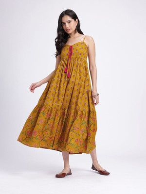 fusion by glitchez Women Fit and Flare Yellow Midi/Calf Length Dress