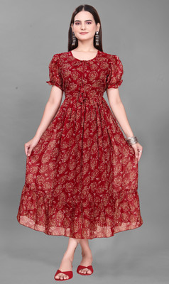 QUEUEE CREATION Women Fit and Flare Maroon Midi/Calf Length Dress
