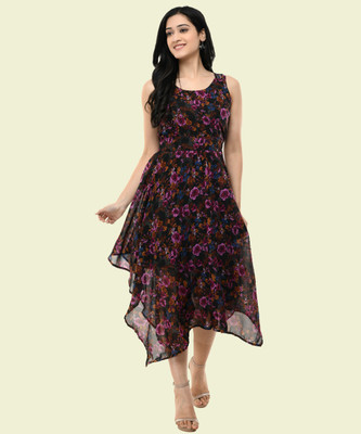 Absorbing Women Asymmetric Multicolor Midi/Calf Length Dress