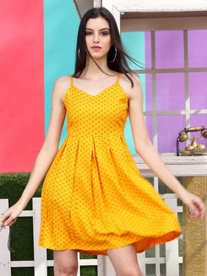 Sera Women Fit and Flare Yellow Above Knee/Mid Thigh Length Dress
