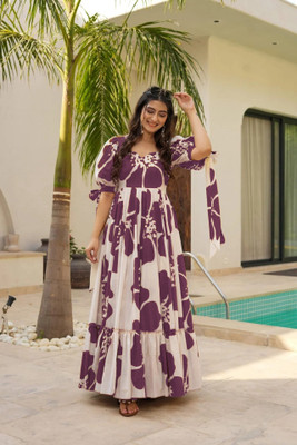 Vishva creation Women Fit and Flare Purple, White Maxi/Full Length Dress