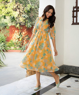 Janasya Women Fit and Flare Yellow Below Knee Dress