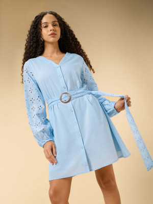 OUTZIDR Women A-line Blue Above Knee/Mid Thigh Length Dress