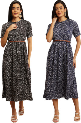 Mamnoon Women Fit and Flare Blue, Brown Midi/Calf Length Dress
