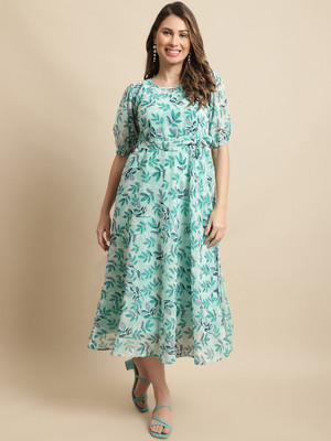 Fabflee Women A-line Blue Midi/Calf Length Dress