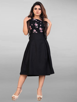 Activewear Women Fit and Flare Pink, Black Midi/Calf Length Dress