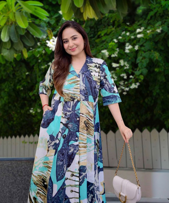 MISS AYSE Women Fit and Flare Multicolor Maxi/Full Length Dress