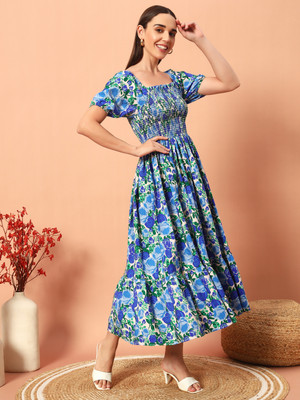 LookShine Women A-line Blue Midi/Calf Length Dress