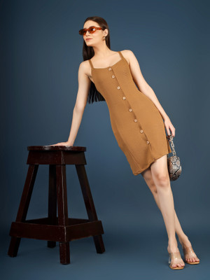 Kinjo Women Bodycon Brown Knee Length Dress