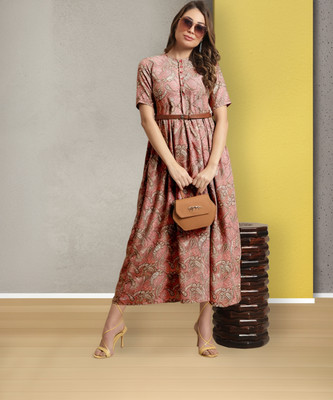 METRONAUT Women Fit and Flare Beige Midi/Calf Length Dress