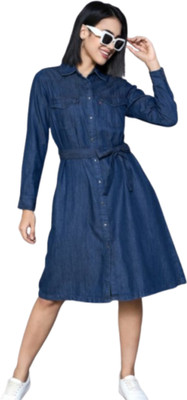 Tripursundari Fashion Women A-line Blue Below Knee Dress