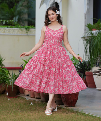 Jollity Women Fit and Flare Pink Midi/Calf Length Dress