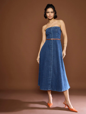 SASSAFRAS Women Tube Blue Below Knee Dress