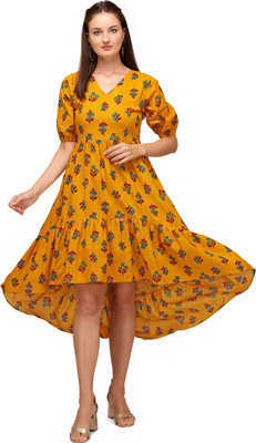 luzumbez Women Gathered Yellow Midi/Calf Length Dress