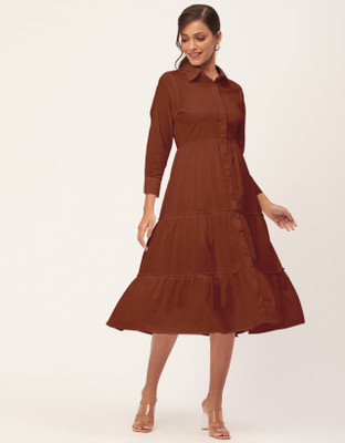 moomaya Women Tiered Brown Midi/Calf Length Dress