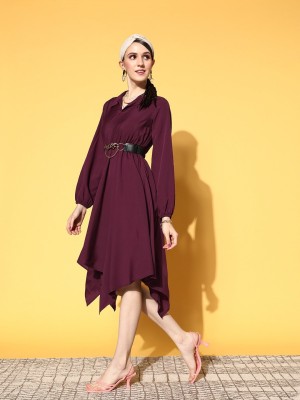 PLUSS Women High Low Maroon Dress