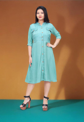 LENYRUIZ Women Fit and Flare Light Blue Midi/Calf Length Dress