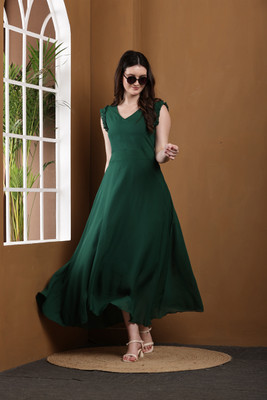 vivient Women Fit and Flare Green Maxi/Full Length Dress