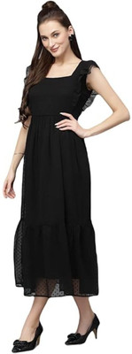Priya Collection Women Fit and Flare Black Midi/Calf Length Dress