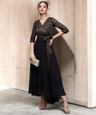 Miss Chase Women Fit and Flare Black Maxi/Full Length Dress