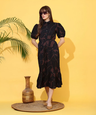 Honky Tonky Women Fit and Flare Black Midi/Calf Length Dress