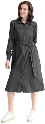 Achyutaya Fashion Women A-line Black Midi/Calf Length Dress