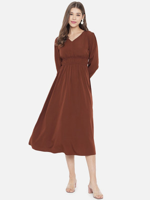 Moda Rapido Women A-line Brown Midi/Calf Length Dress