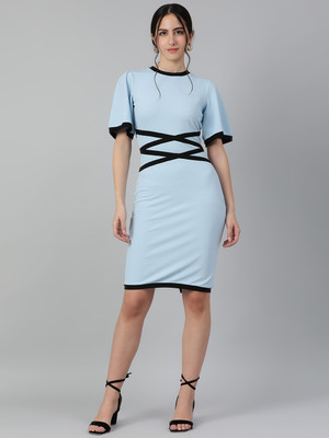 KOTTY Women Sheath Light Blue Above Knee/Mid Thigh Length Dress