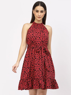 UZARUS Women Fit and Flare Red, Black Above Knee/Mid Thigh Length Dress