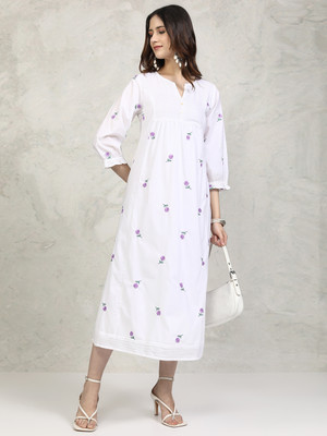 Vishudh Women Fit and Flare White Midi/Calf Length Dress