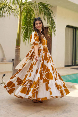 Honky Tonky Women Fit and Flare Brown, White Maxi/Full Length Dress