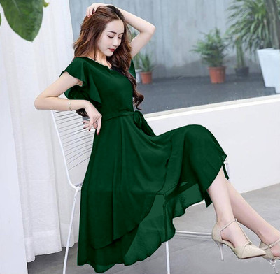 SK CLOTHING Women A-line Green Knee Length Dress