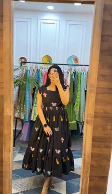 sirhon Women Fit and Flare Black Midi/Calf Length Dress