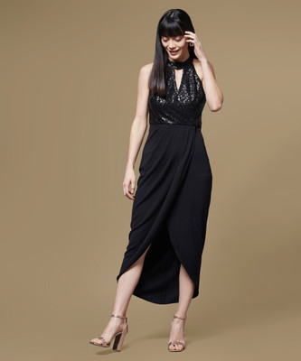 Miss Chase Women Layered Black Midi/Calf Length Dress