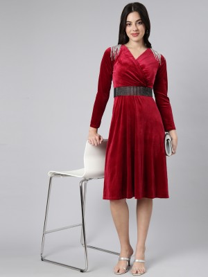 Showoff Women Fit and Flare Maroon Dress