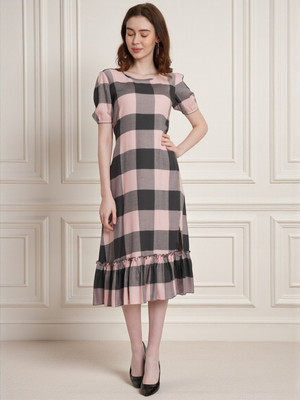 91 HIVE Women A-line Black, Pink Below Knee Dress