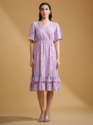 Roadster Women Fit and Flare Purple, White Knee Length Dress