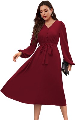TESSAVEGAS Women A-line Maroon Dress