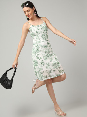 clobug Women Gathered Green Above Knee/Mid Thigh Length Dress